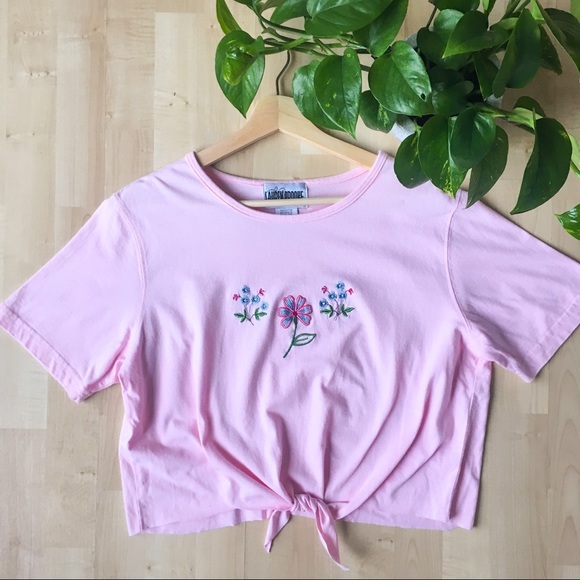 Vintage 90s Floral Embroidered Crop Top Tee L - Picture 4 of 7